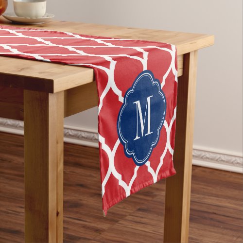 Red White and Blue Moroccan Quatrefoil Monogram Short Table Runner