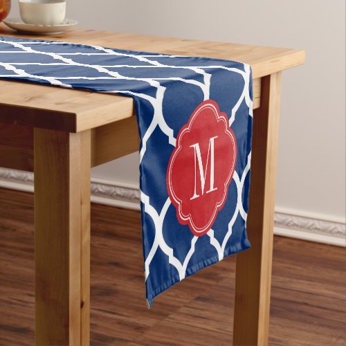 Red White and Blue Moroccan Quatrefoil Monogram Short Table Runner