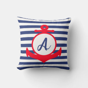 Red, White, and Blue Nautical Anchor with Initial Throw Pillow