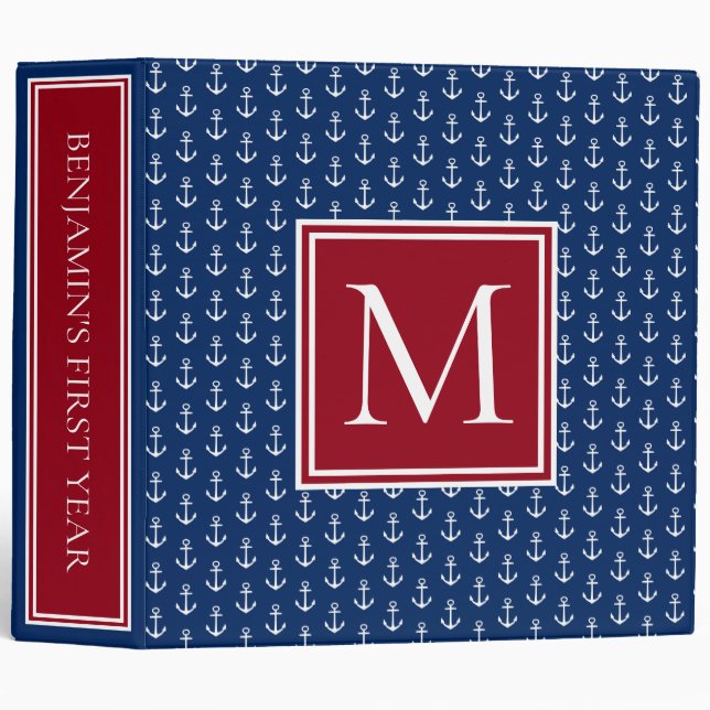 Red White and Blue Nautical First Year Monogram 3 Ring Binder (Front/Spine)