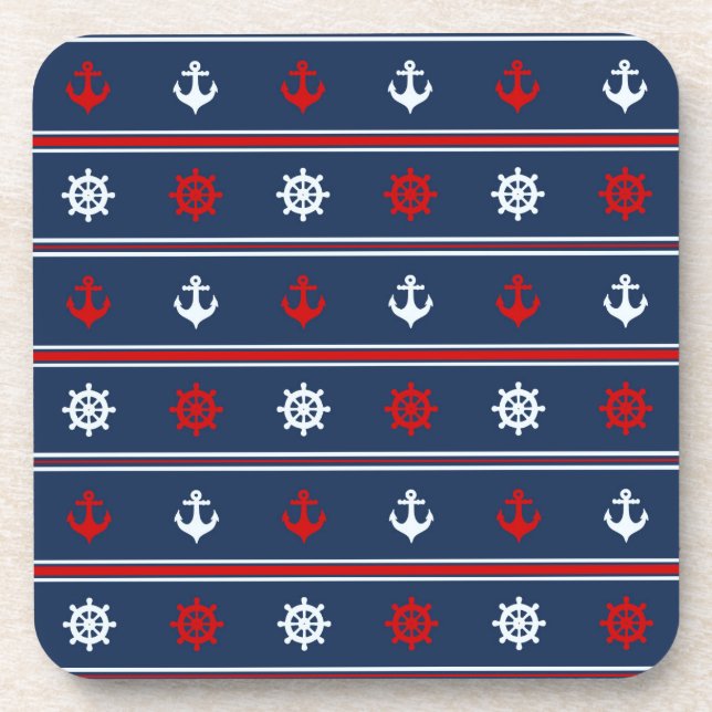 Red White And Blue Nautical Pattern Beverage Coaster (Front)