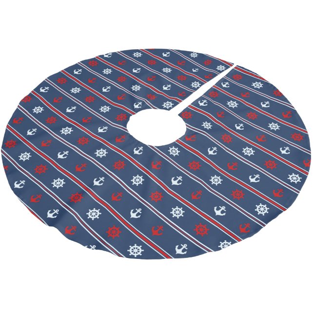 Red White And Blue Nautical Pattern Brushed Polyester Tree Skirt (Angled)