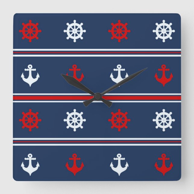Red White And Blue Nautical Pattern Square Wall Clock (Front)