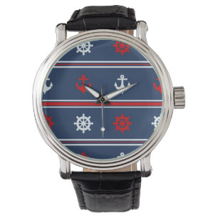 Red White And Blue Nautical Pattern Watch