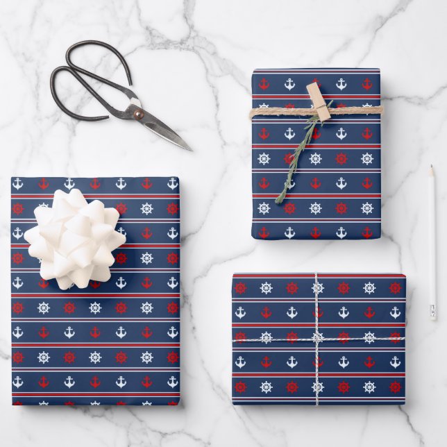 Red White And Blue Nautical Pattern Wrapping Paper Sheets (Front)