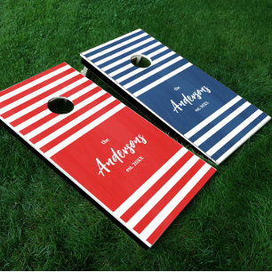 Red White and Blue Nautical Stripe Family Name Cornhole Set