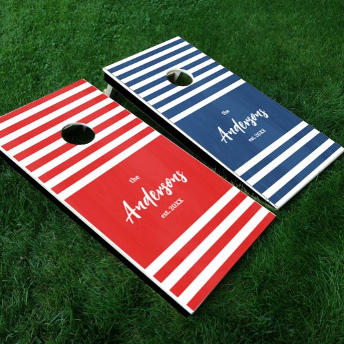 Red White and Blue Nautical Stripe Family Name Cornhole Set