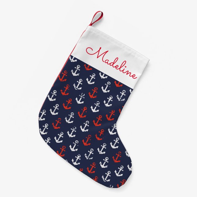 Red White And Blue Navy Pattern | Add Your Name Small Christmas Stocking (Front (Hanging))