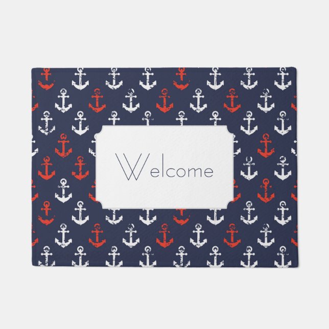 Red White And Blue Navy Pattern | Add Your Text Doormat (Front)