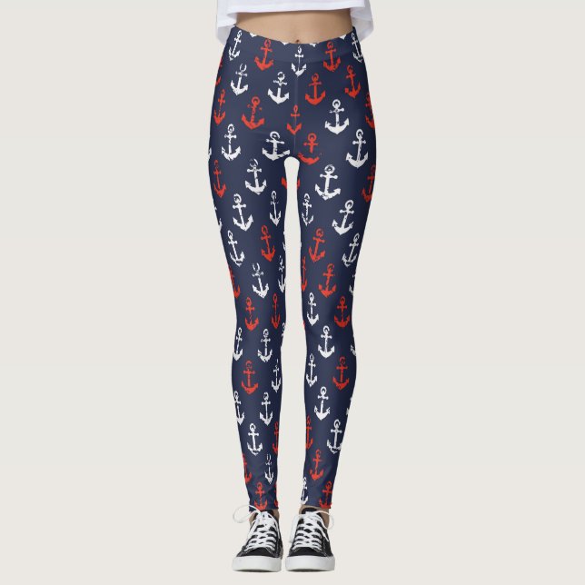 Red White And Blue Navy Pattern Leggings (Front)