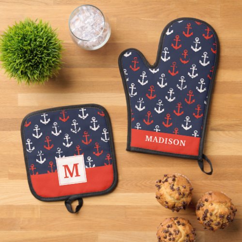 Red White And Blue Navy Pattern Oven Mitt  Pot Holder Set