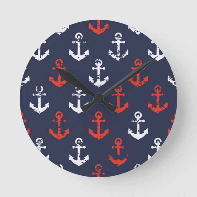 Red White And Blue Navy Pattern Round Clock (Front)