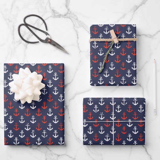 Red White And Blue Navy Pattern Wrapping Paper Sheets (Front)