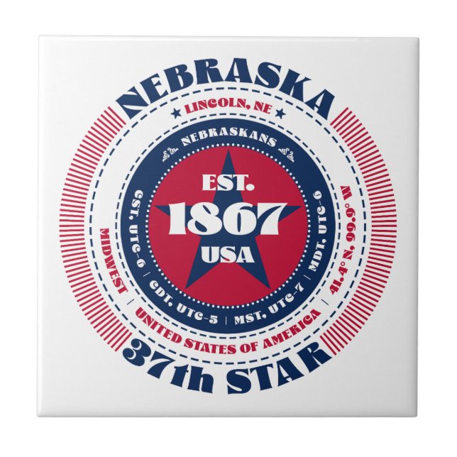 Red, White, and Blue Nebraska Ceramic Tile (Front)