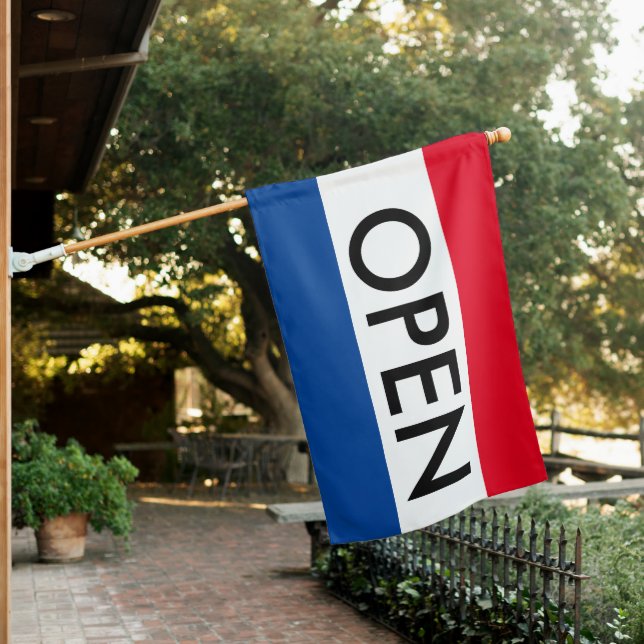 Red White and Blue Open Sign for Business Flag (In SItu)