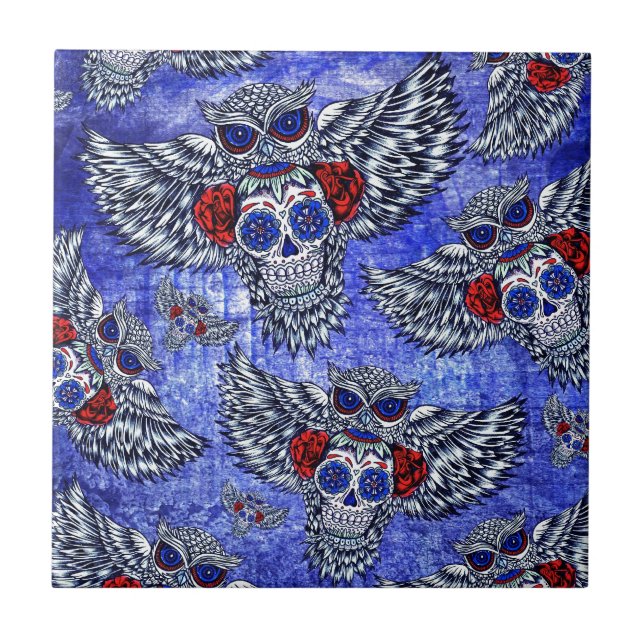 Red white and blue owl with sugar skull pattern ceramic tile (Front)