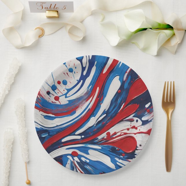 Red White And Blue Paint Pour Swirl Paper Plates (Wedding)