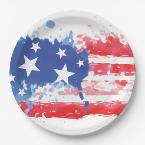 Red White and Blue Paint Splatter American Flag Paper Plates
