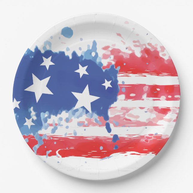 Red White and Blue Paint Splatter American Flag Paper Plates (Front)