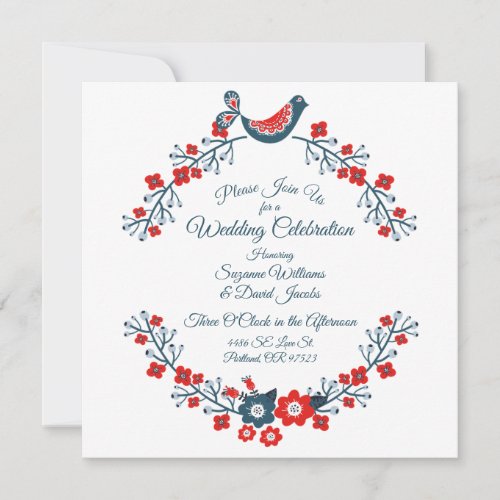 Red White and Blue Paisley Love Birds Wedding Invitation
