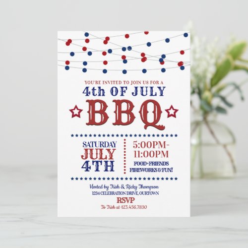 Red White and Blue Party Lights 4th of July Party Invitation