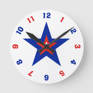 Red, White, and Blue Patriotic American Star Round Clock