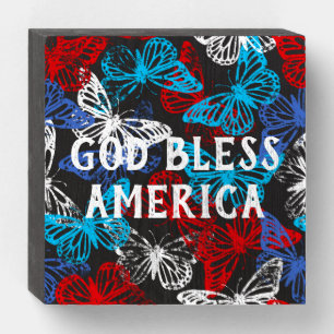 Red White and Blue Patriotic Butterfly Pattern Wooden Box Sign