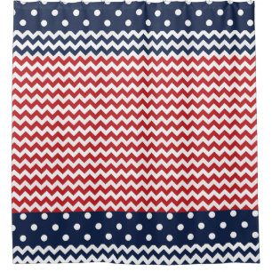 Red White and Blue Patriotic Chevron and Dots Shower Curtain