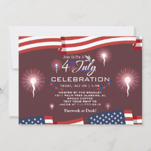 Red White and Blue Patriotic Firework 4th of July  Invitation