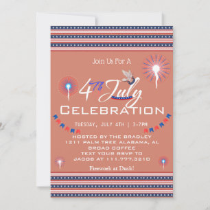 Red White and Blue Patriotic Firework 4th of July Invitation