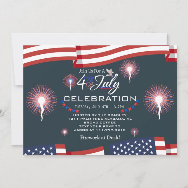 Red White and Blue Patriotic Firework 4th of July  Invitation (Front)