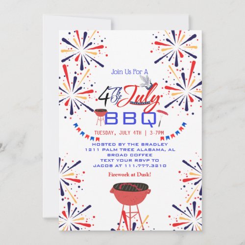 Red White and Blue Patriotic Firework 4th of July  Invitation