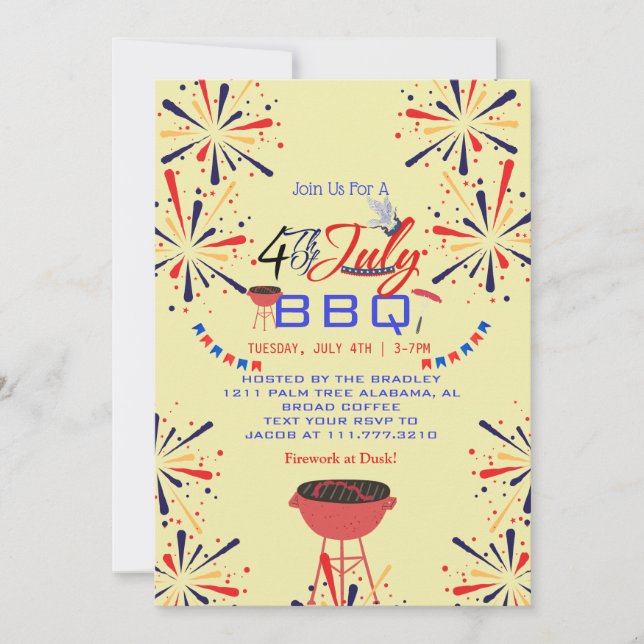 Red White and Blue Patriotic Firework 4th of July  Invitation (Front)