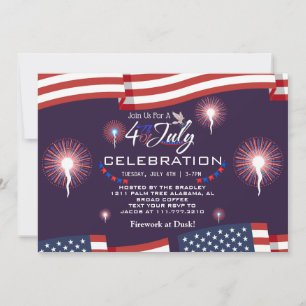 Red White and Blue Patriotic Firework 4th of July Invitation