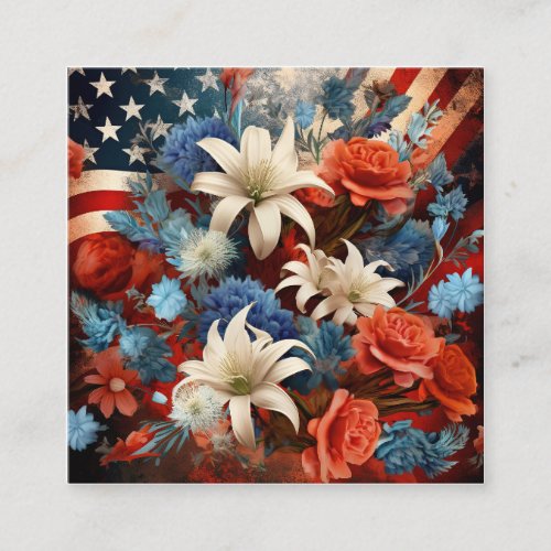 Red White and Blue Patriotic Floral Art Square Business Card