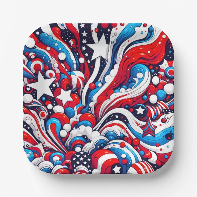 Red, White and Blue Patriotic Fourth of July  Paper Plates (Front)