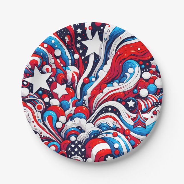 Red, White and Blue Patriotic Fourth of July  Paper Plates (Front)