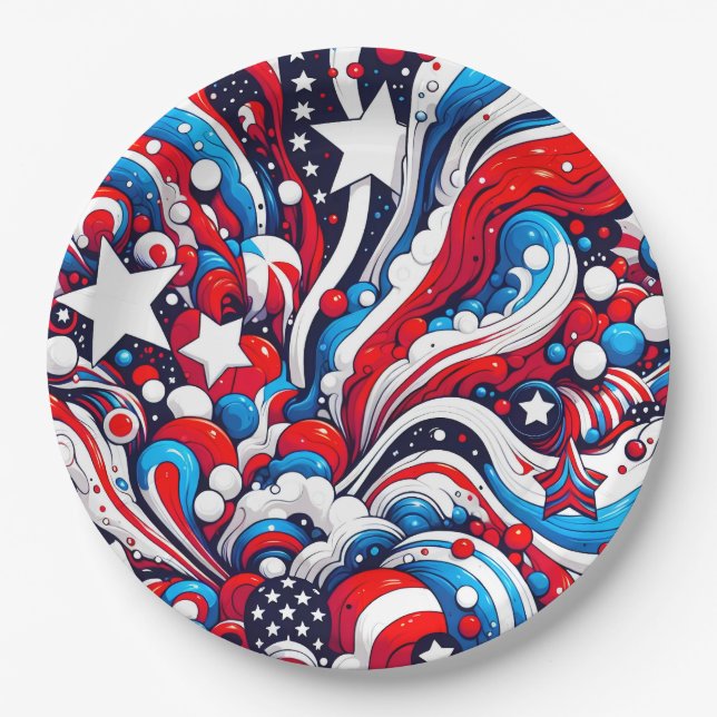 Red, White and Blue Patriotic Fourth of July  Paper Plates (Front)