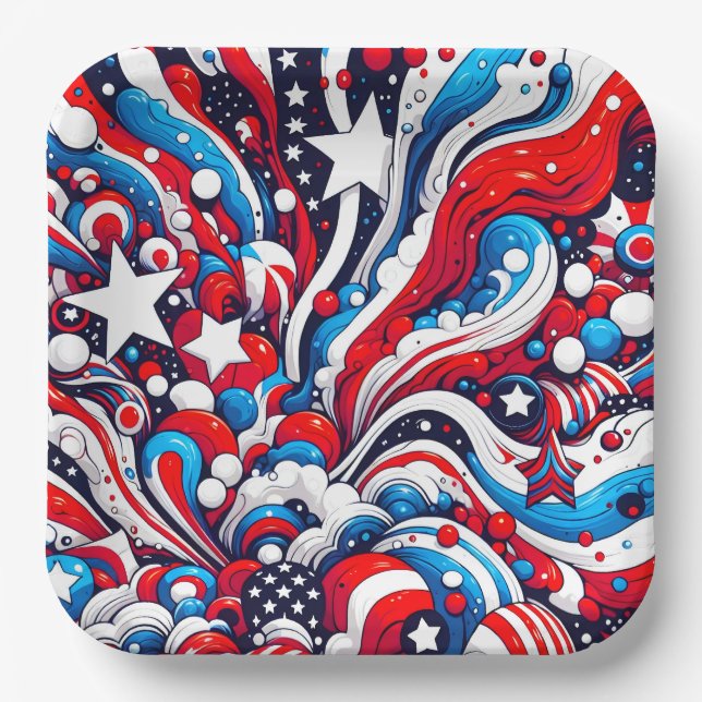 Red, White and Blue Patriotic Fourth of July  Paper Plates (Front)
