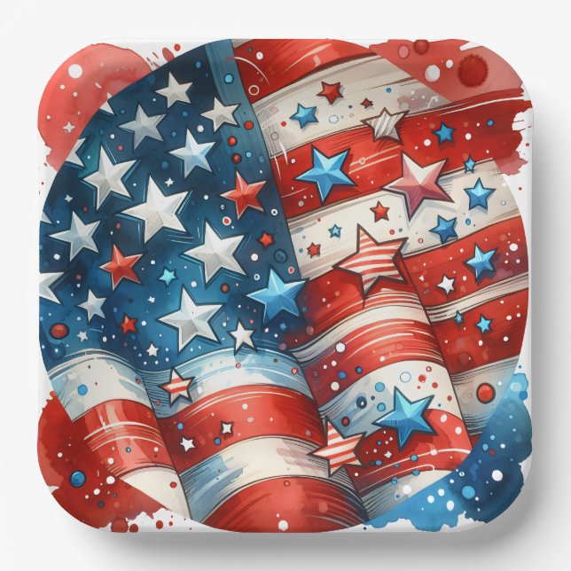 Red, White and Blue Patriotic Fourth of July Party Paper Plates (Front)