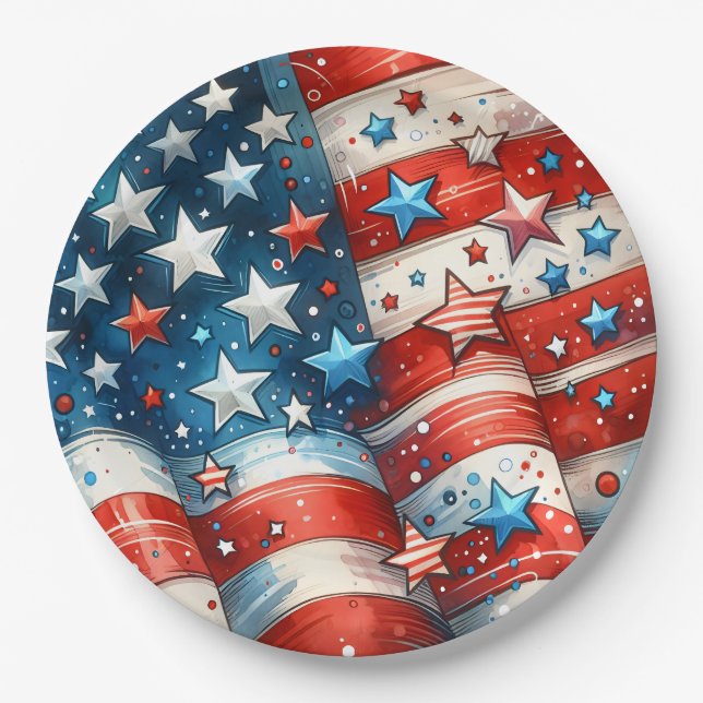 Red, White and Blue Patriotic Fourth of July Party Paper Plates (Front)