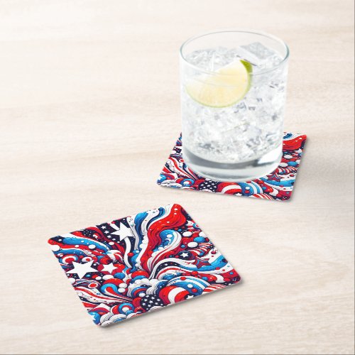 Red White and Blue Patriotic Fourth of July  Square Paper Coaster