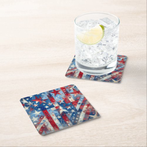Red White and Blue Patriotic Independence Day Square Paper Coaster