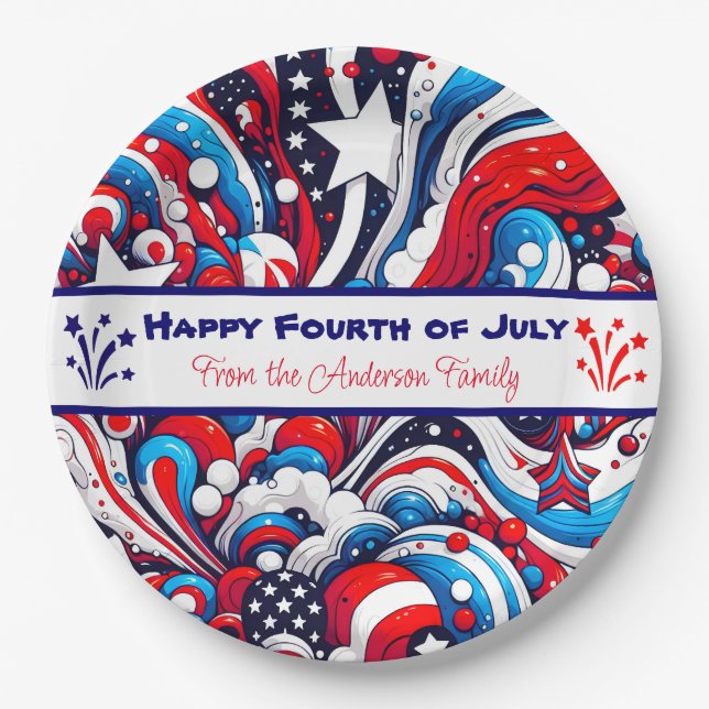 Red, White and Blue Patriotic Personalized Paper Plates (Front)