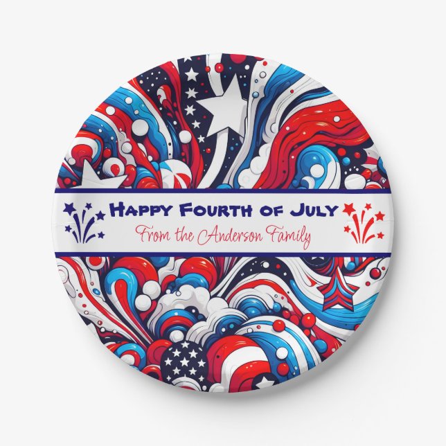 Red, White and Blue Patriotic Personalized Paper Plates (Front)