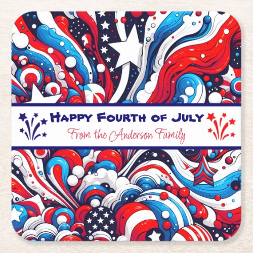 Red White and Blue Patriotic Personalized Square Paper Coaster