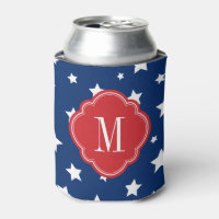 Red White and Blue Patriotic Stars Monogram Can Cooler