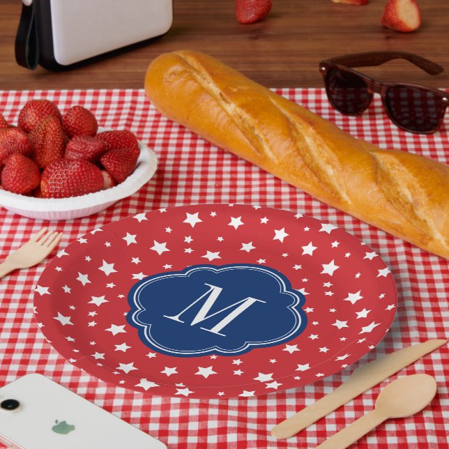 Red White and Blue Patriotic Stars Monogram Paper Plates (Picnic)