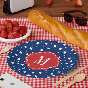 Red White and Blue Patriotic Stars Monogram Paper Plates