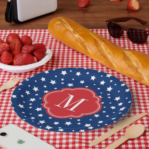 Red White and Blue Patriotic Stars Monogram Paper Plates